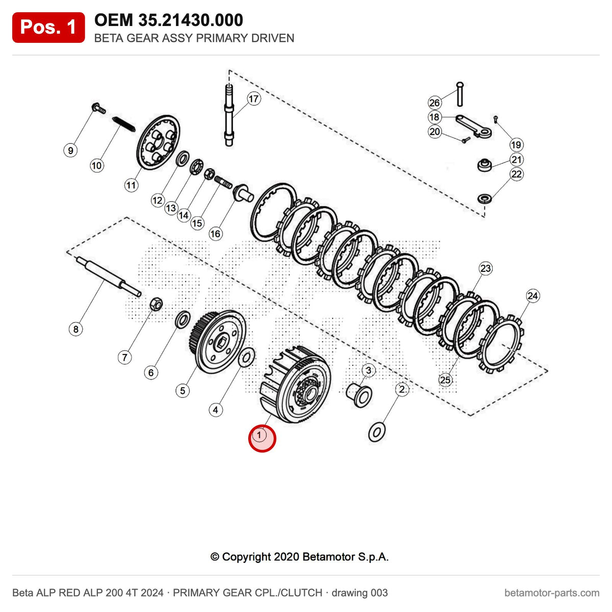 BETA GEAR ASSY PRIMARY DRIVEN – OEM 35.21430.000, position 1 on the Beta ALP RED ALP 200 4T 2024 primary gear cpl./clutch drawing
