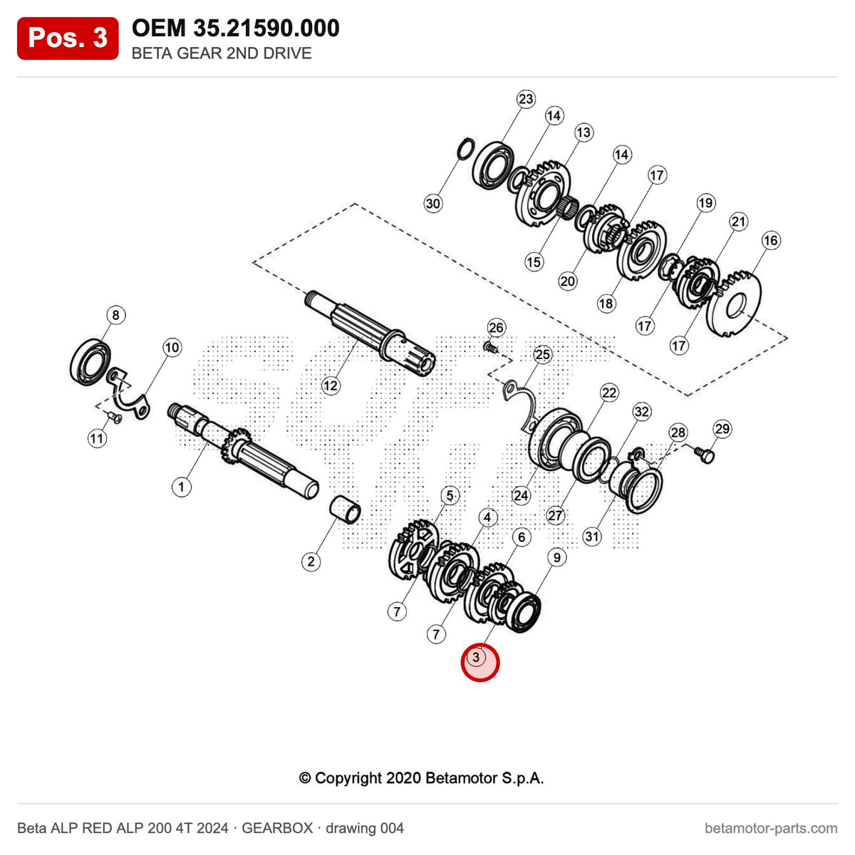 BETA GEAR 2ND DRIVE – OEM 35.21590.000, position 3 on the Beta ALP RED ALP 200 4T 2024 gearbox drawing