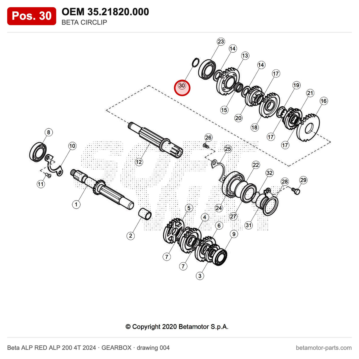 BETA CIRCLIP – OEM 35.21820.000, position 30 on the Beta ALP RED ALP 200 4T 2024 gearbox drawing