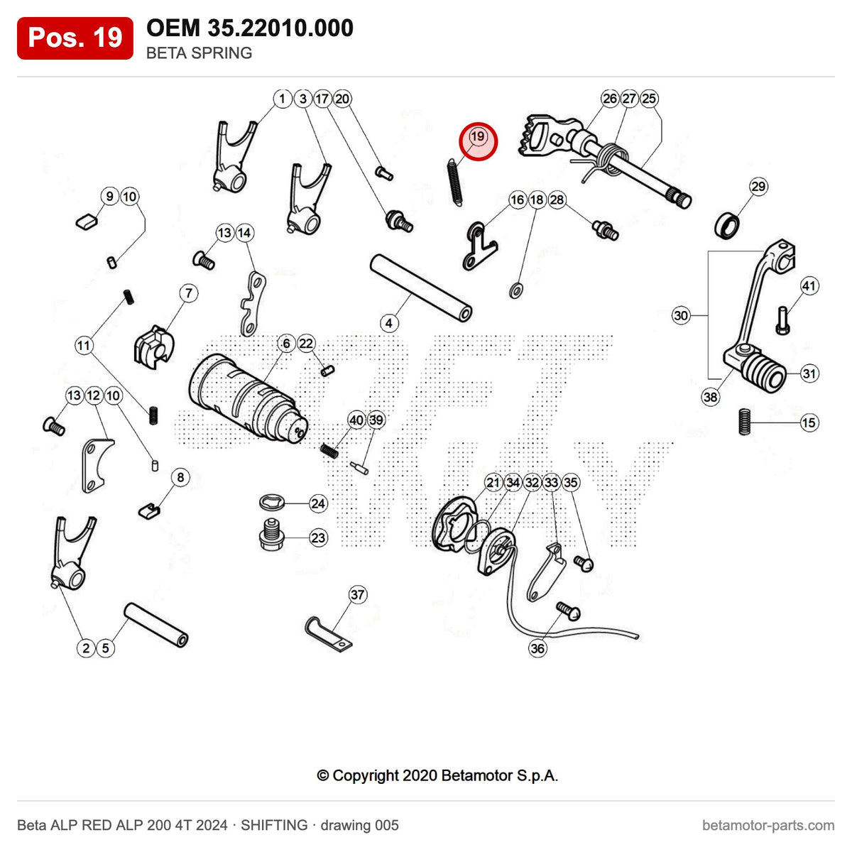 BETA SPRING – OEM 35.22010.000, position 19 on the Beta ALP RED ALP 200 4T 2024 shifting drawing