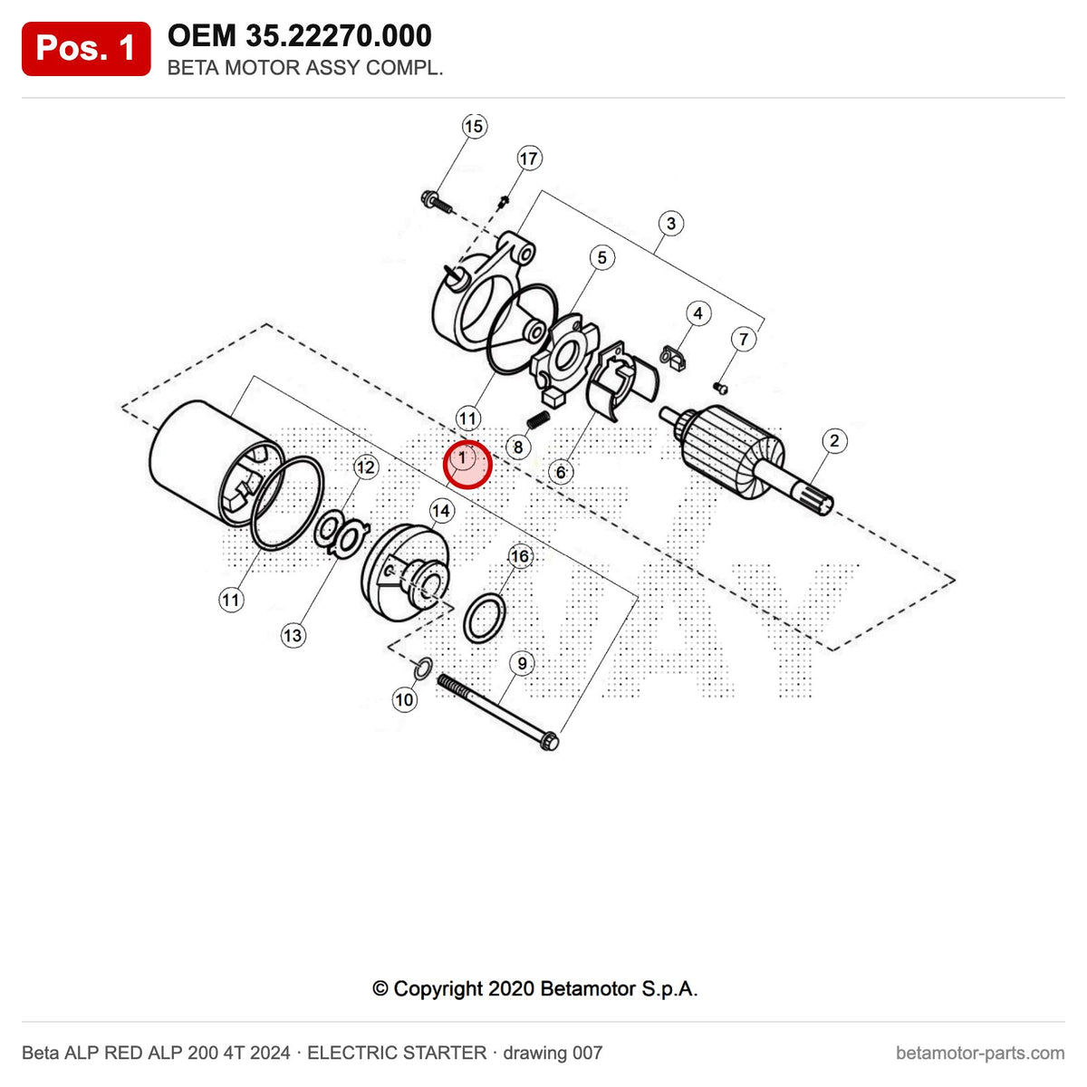 BETA MOTOR ASSY COMPL. – OEM 35.22270.000, position 1 on the Beta ALP RED ALP 200 4T 2024 elettricstarter drawing
