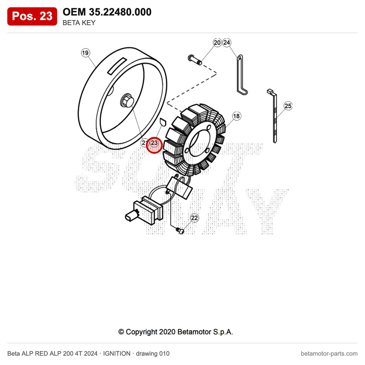 BETA KEY – OEM 35.22480.000, position 23 on the Beta ALP RED ALP 200 4T 2024 ignition drawing