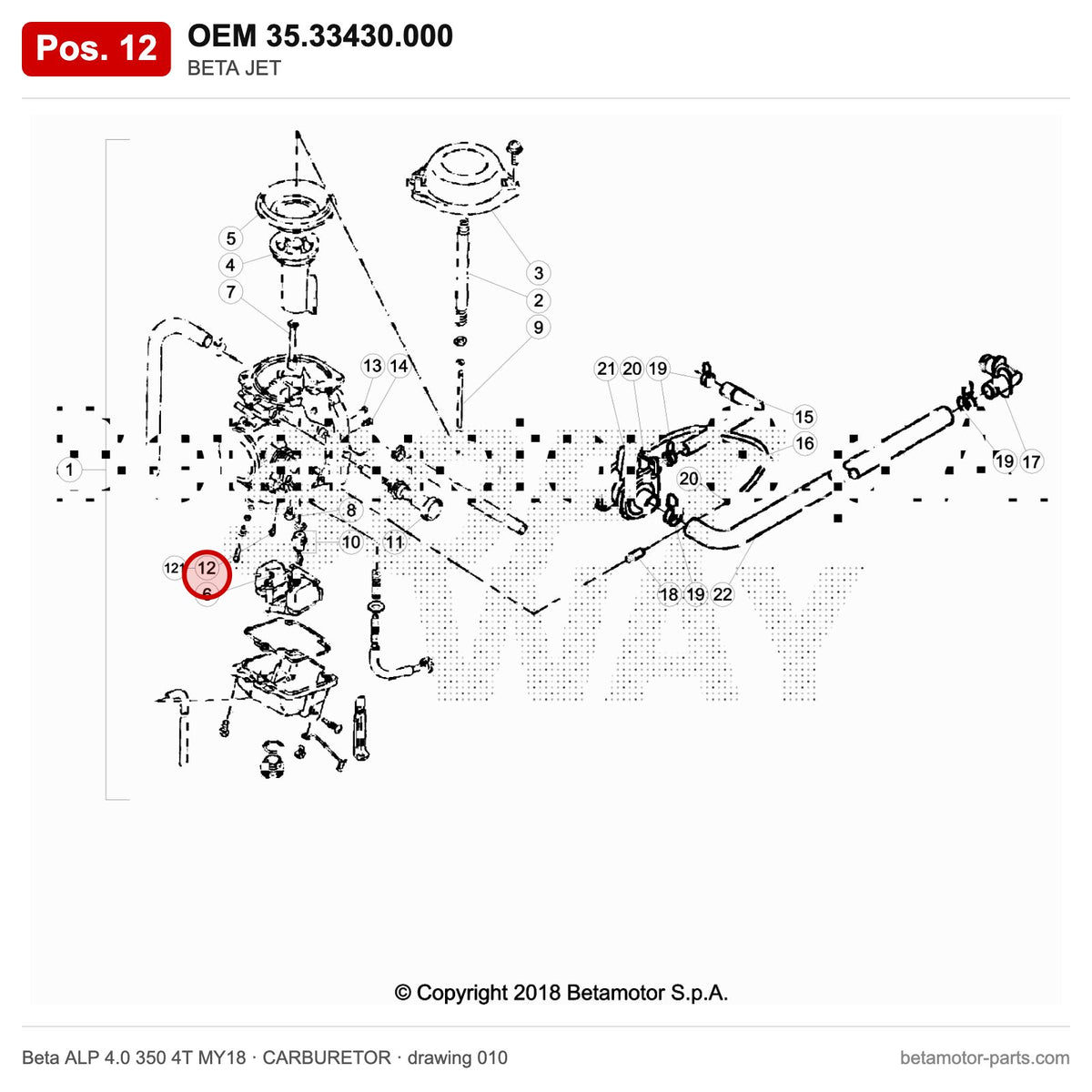 BETA JET – OEM 35.33430.000, position 12 on the Beta ALP 4.0 350 4T MY18 carburetor drawing