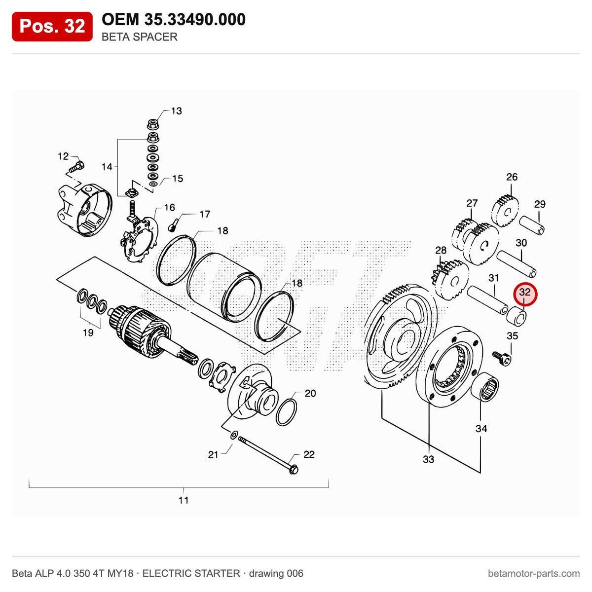 BETA SPACER – OEM 35.33490.000, position 32 on the Beta ALP 4.0 350 4T MY18 elettricstarter drawing