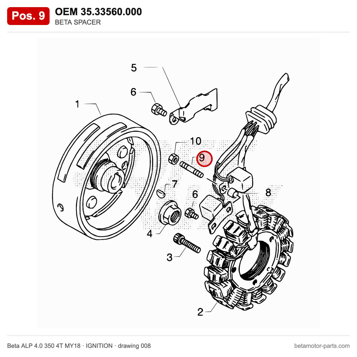 BETA SPACER – OEM 35.33560.000, position 9 on the Beta ALP 4.0 350 4T MY18 ignition drawing