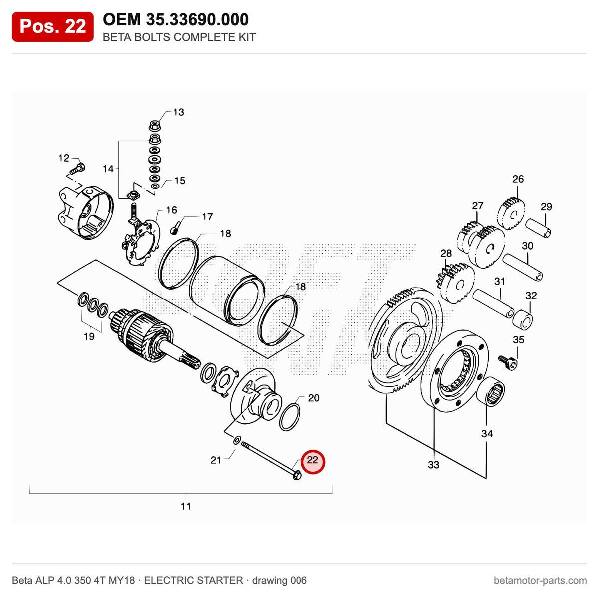 BETA BOLTS COMPLETE KIT – OEM 35.33690.000, position 22 on the Beta ALP 4.0 350 4T MY18 elettricstarter drawing