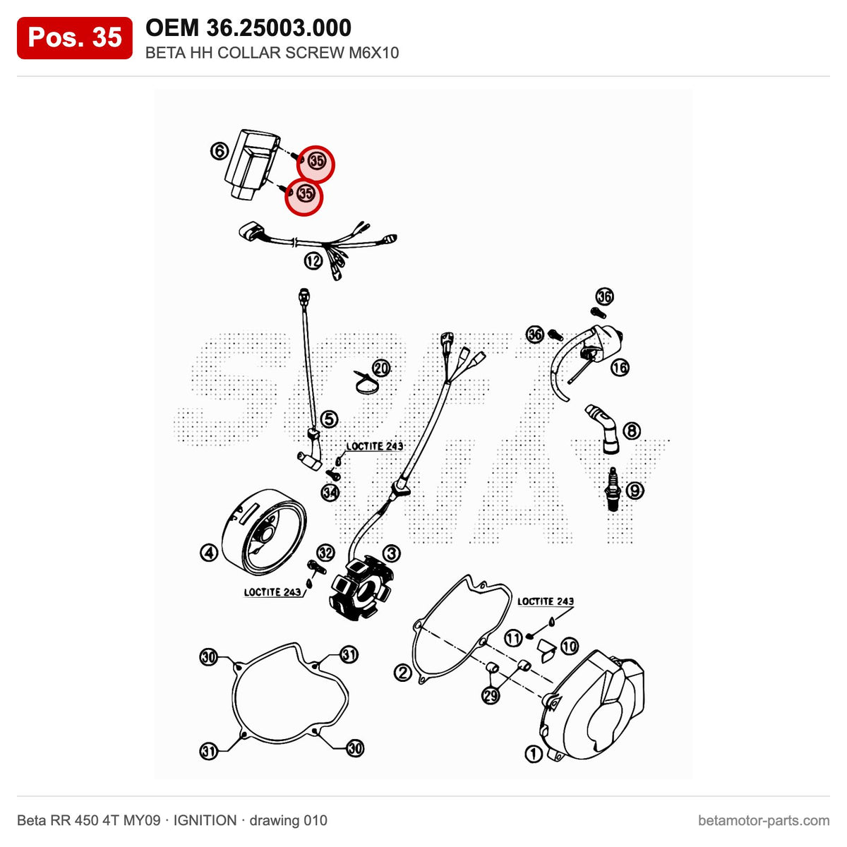 BETA HH COLLAR SCREW M6X10 – OEM 36.25003.000, position 35 on the Beta RR 450 4T MY09 ignition drawing
