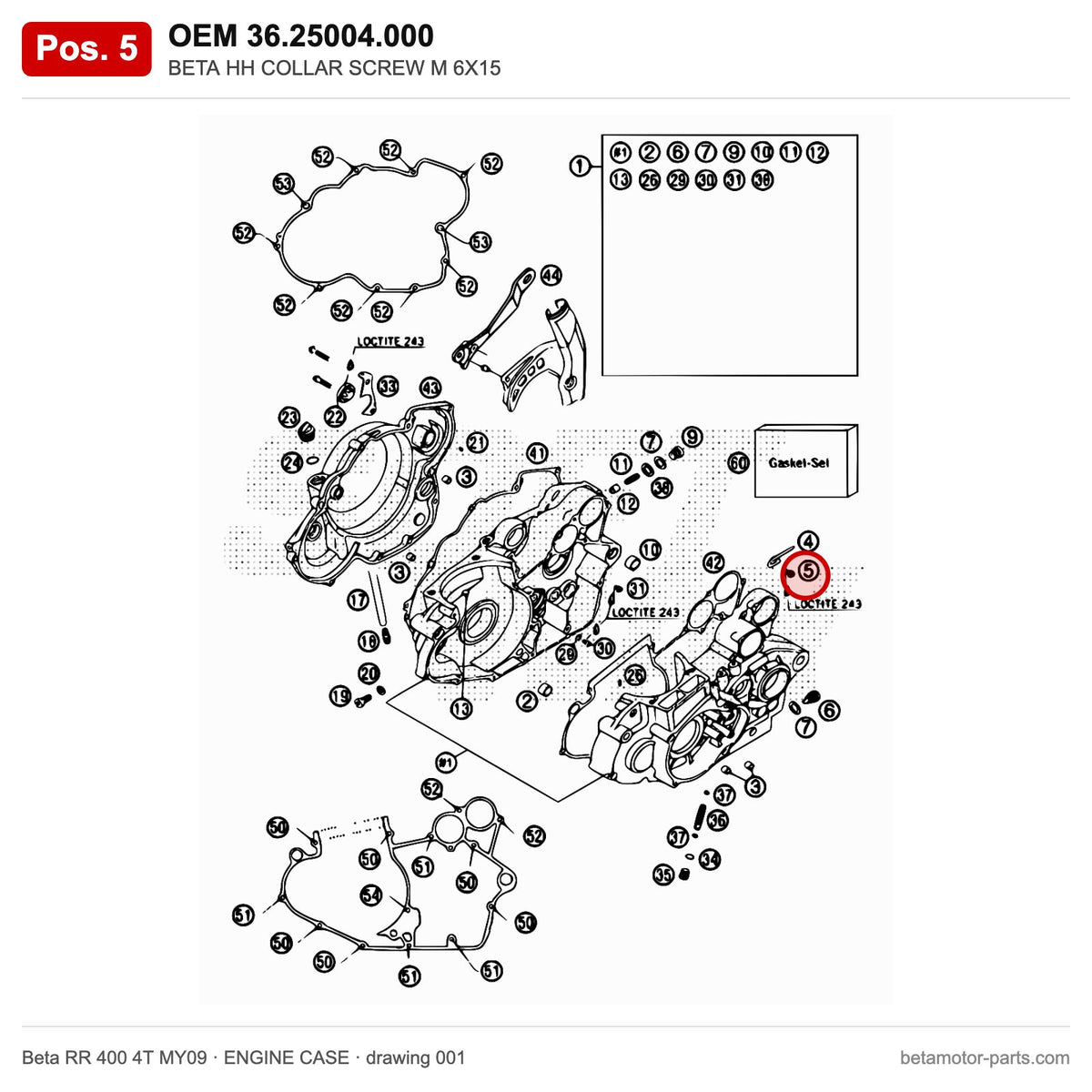 BETA HH COLLAR SCREW M 6X15 – OEM 36.25004.000, position 5 on the Beta RR 400 4T MY09 engine case drawing