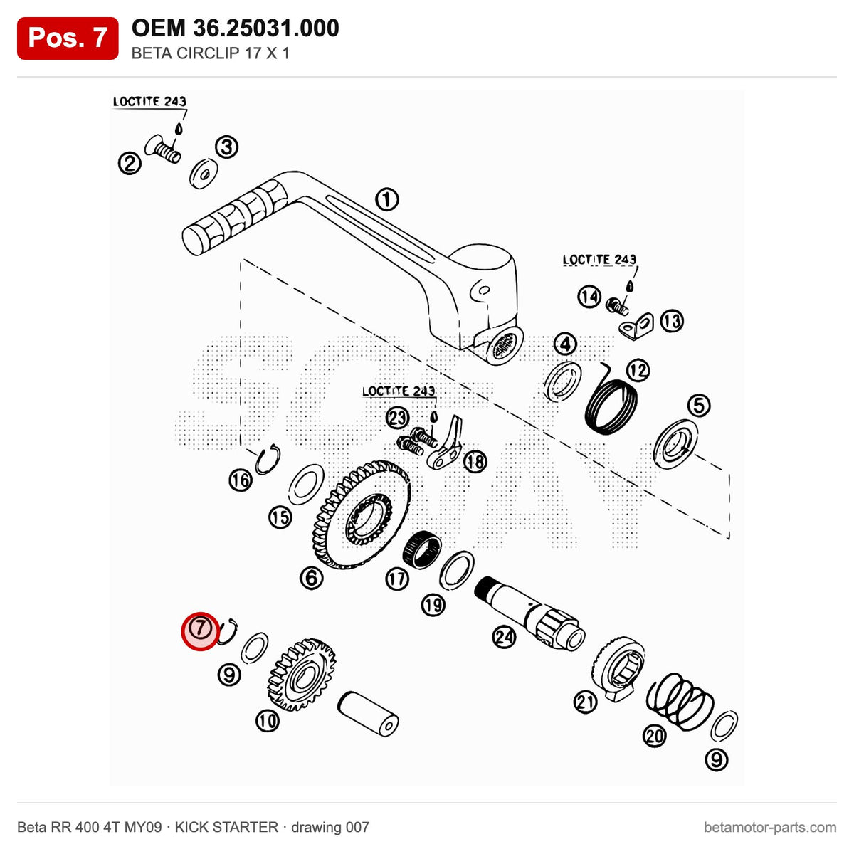 BETA CIRCLIP 17 X 1 – OEM 36.25031.000, position 7 on the Beta RR 400 4T MY09 kick starter drawing