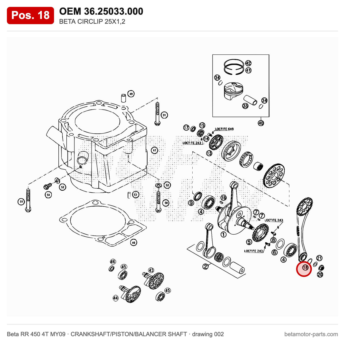 BETA CIRCLIP 25X1,2 – OEM 36.25033.000, position 18 on the Beta RR 450 4T MY09 crankshaft/piston/balancer shaft drawing