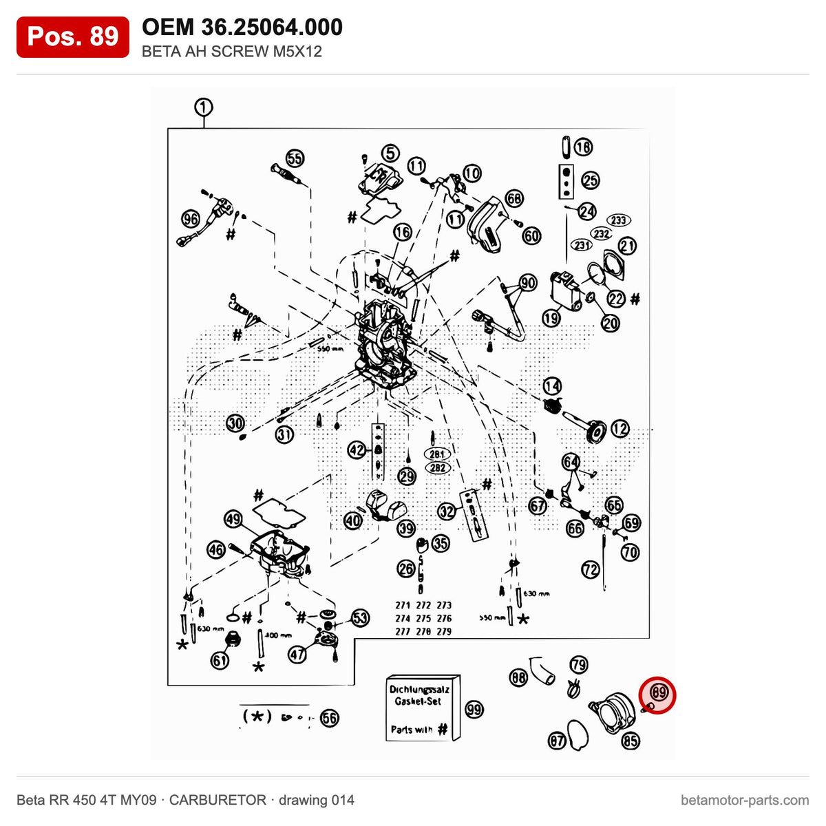 BETA AH SCREW M5X12 – OEM 36.25064.000, position 89 on the Beta RR 450 4T MY09 carburetor drawing