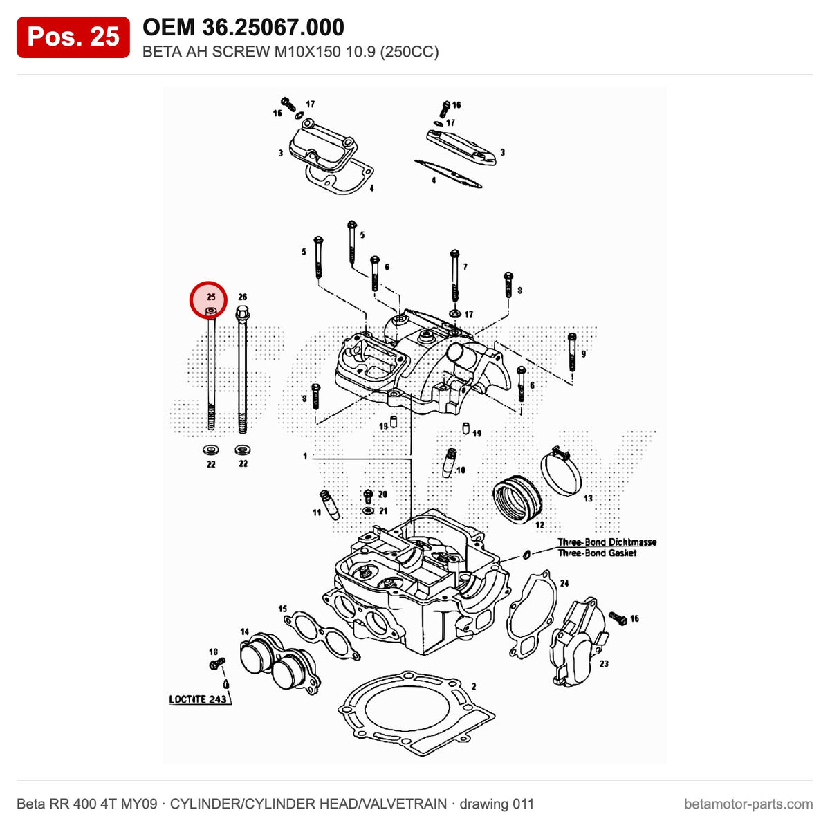 BETA AH SCREW M10X150 10.9 (250CC) – OEM 36.25067.000, position 25 on the Beta RR 400 4T MY09 cylinder/cylinder head/valvetrain drawing