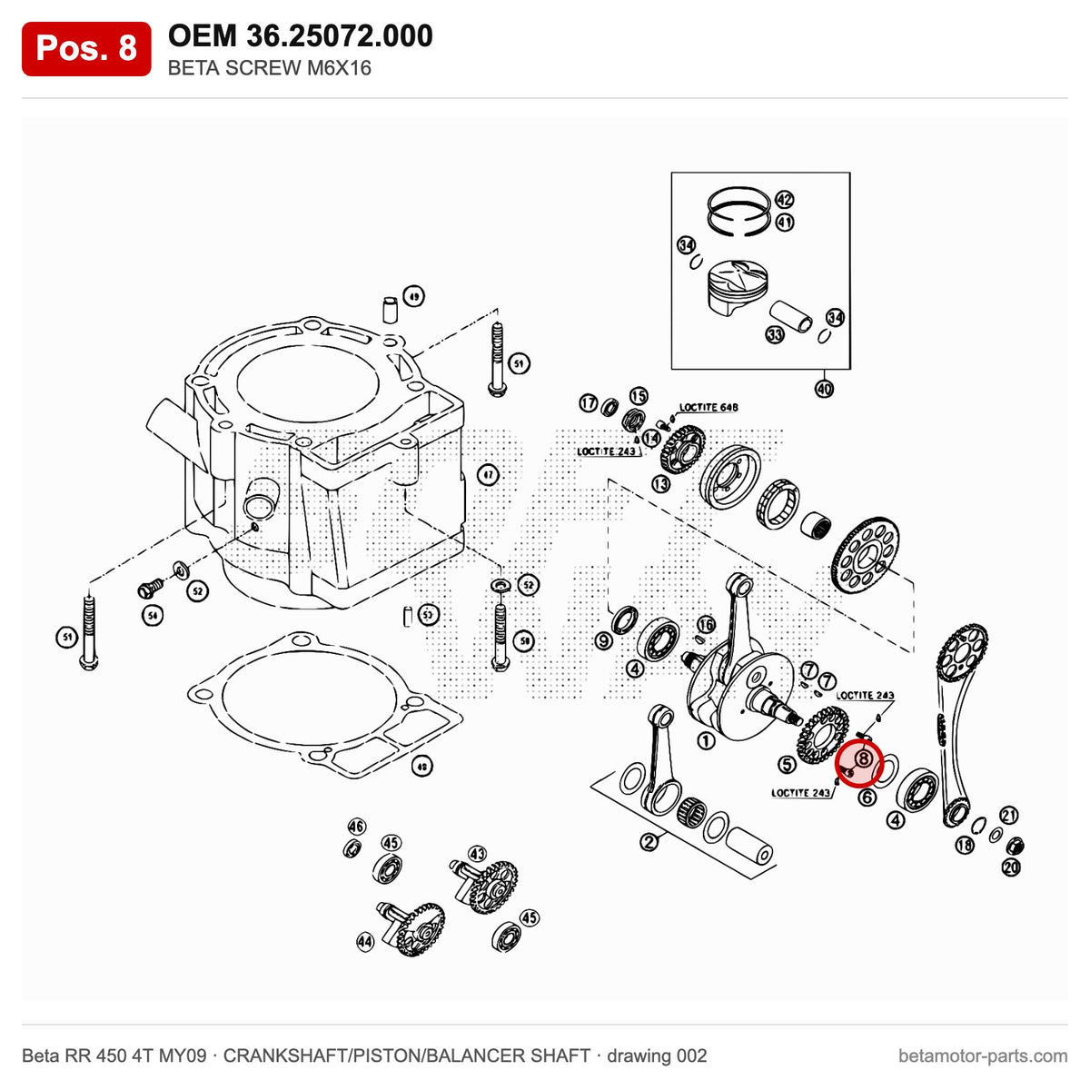 BETA SCREW M6X16 – OEM 36.25072.000, position 8 on the Beta RR 450 4T MY09 crankshaft/piston/balancer shaft drawing