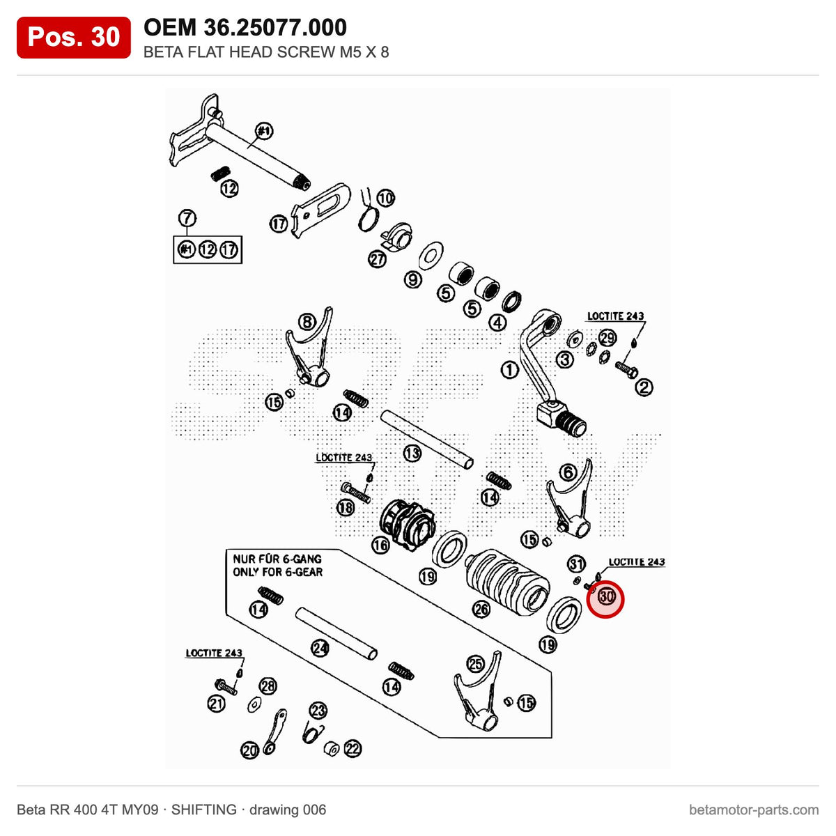 BETA FLAT HEAD SCREW M5 X 8 – OEM 36.25077.000, position 30 on the Beta RR 400 4T MY09 shifting drawing