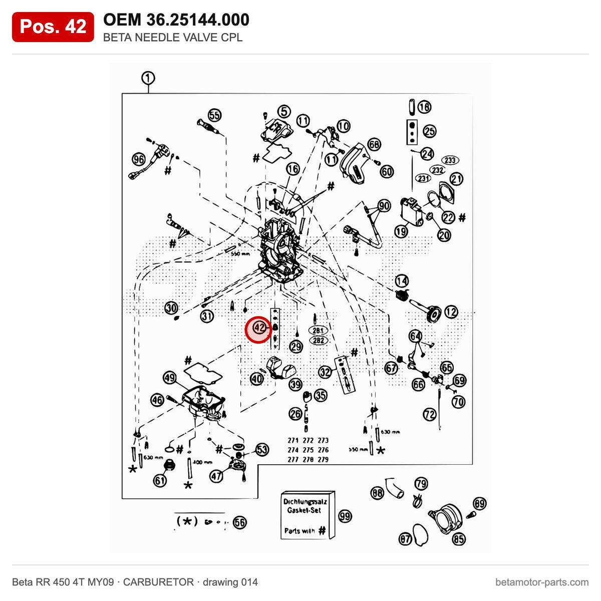 BETA NEEDLE VALVE CPL – OEM 36.25144.000, position 42 on the Beta RR 450 4T MY09 carburetor drawing