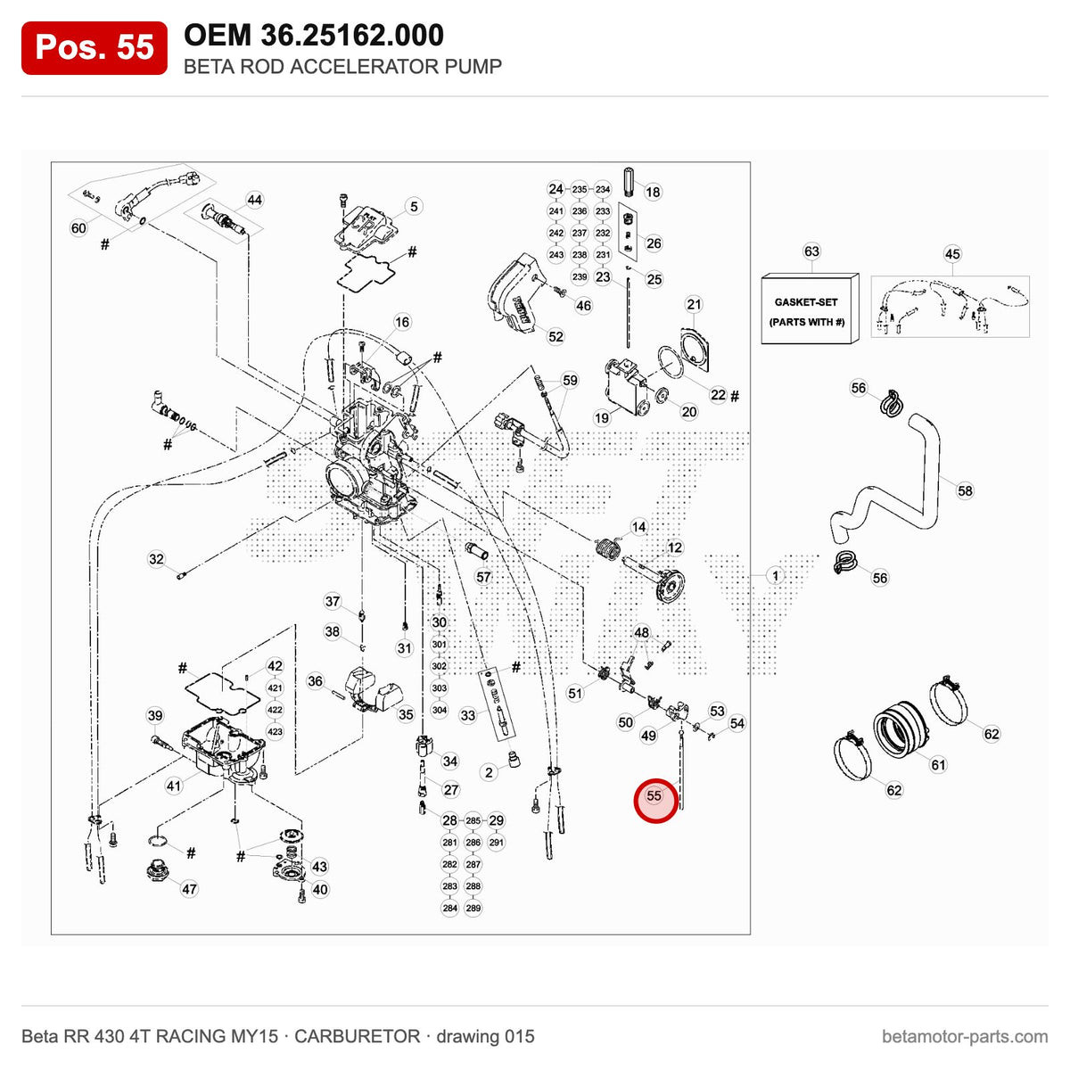 BETA ROD ACCELERATOR PUMP – OEM 36.25162.000, position 55 on the Beta RR 430 4T RACING MY15 carburetor drawing