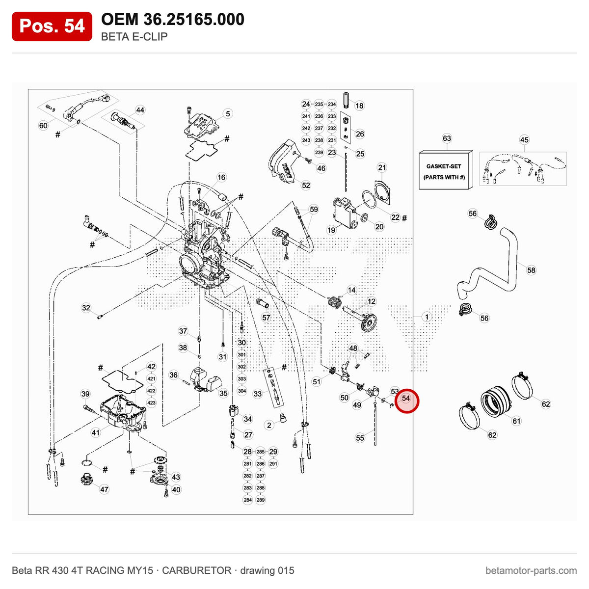BETA E-CLIP – OEM 36.25165.000, position 54 on the Beta RR 430 4T RACING MY15 carburetor drawing