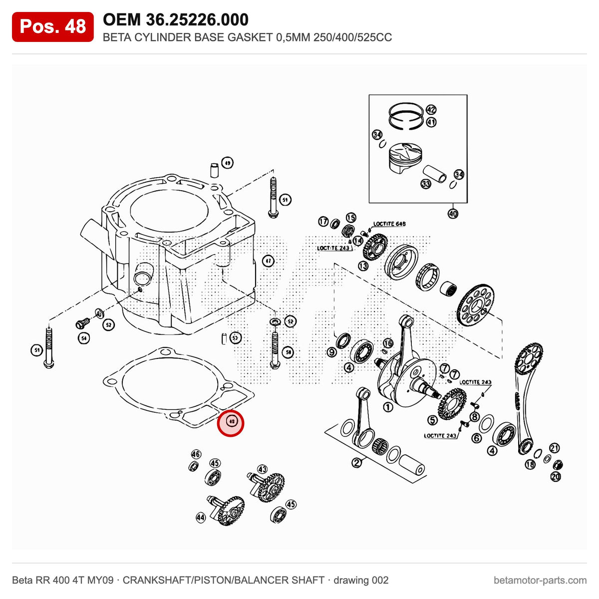 BETA CYLINDER BASE GASKET 0,5MM 250/400/525CC – OEM 36.25226.000, position 48 on the Beta RR 400 4T MY09 crankshaft/piston/balancer shaft drawing