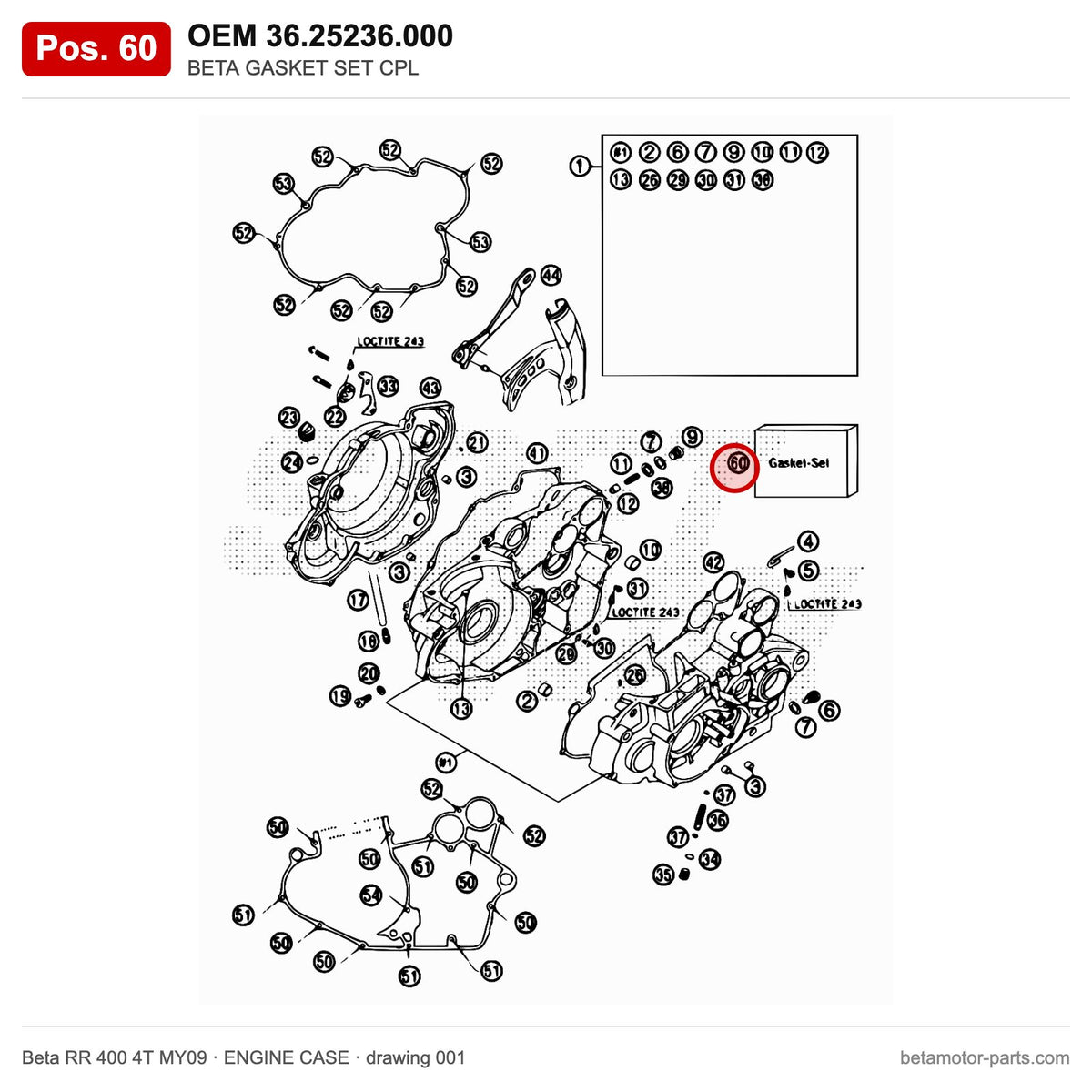 BETA GASKET SET CPL – OEM 36.25236.000, position 60 on the Beta RR 400 4T MY09 engine case drawing
