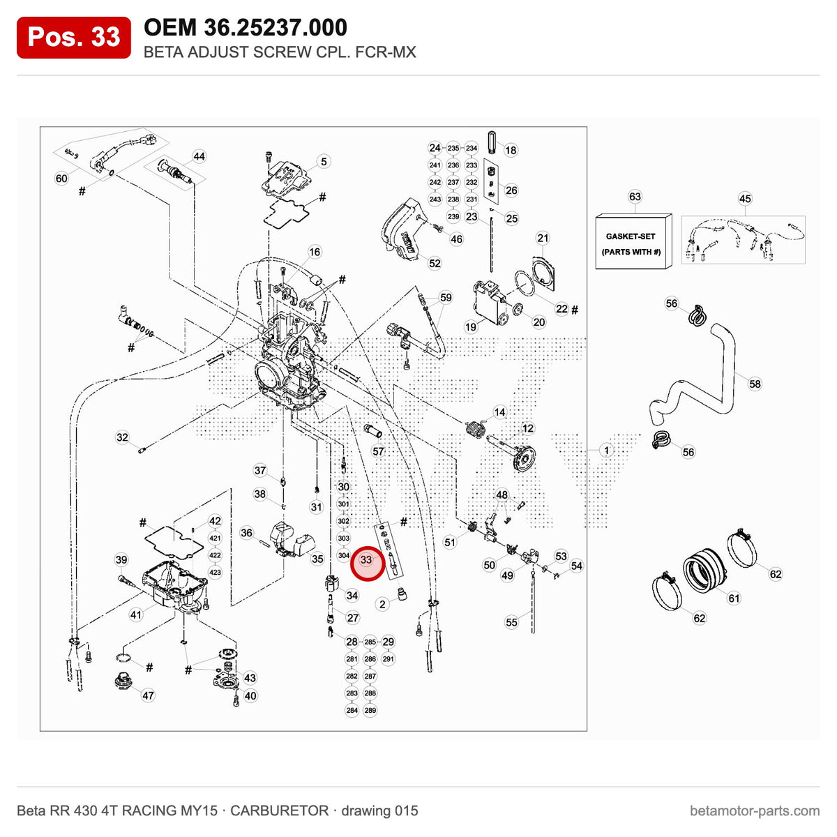 BETA ADJUST SCREW CPL. FCR-MX – OEM 36.25237.000, position 33 on the Beta RR 430 4T RACING MY15 carburetor drawing