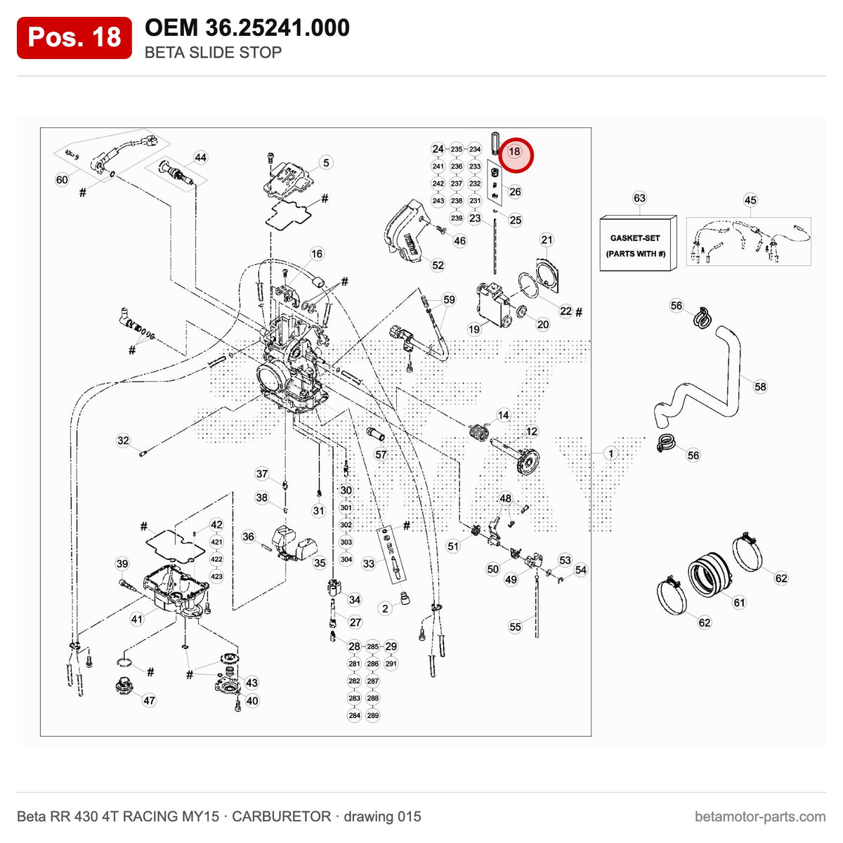 BETA SLIDE STOP – OEM 36.25241.000, position 18 on the Beta RR 430 4T RACING MY15 carburetor drawing