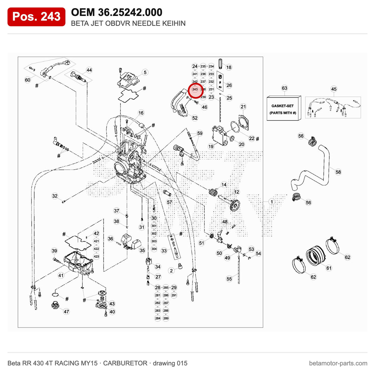 BETA JET OBDVR NEEDLE KEIHIN – OEM 36.25242.000, position 243 on the Beta RR 430 4T RACING MY15 carburetor drawing