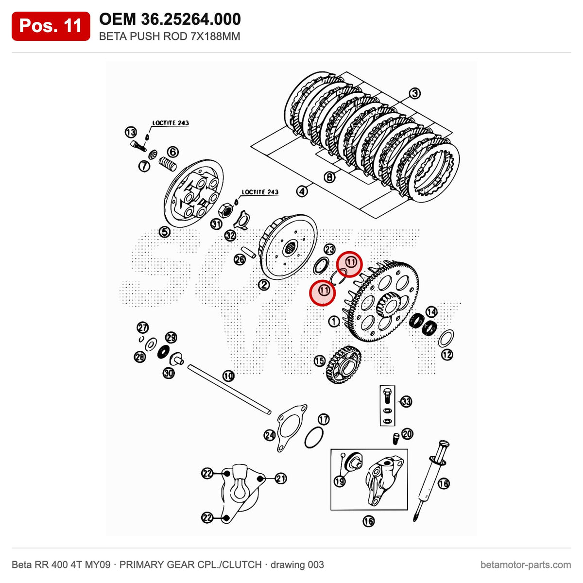 BETA PUSH ROD 7X188MM – OEM 36.25264.000, position 11 on the Beta RR 400 4T MY09 primary gear cpl./clutch drawing