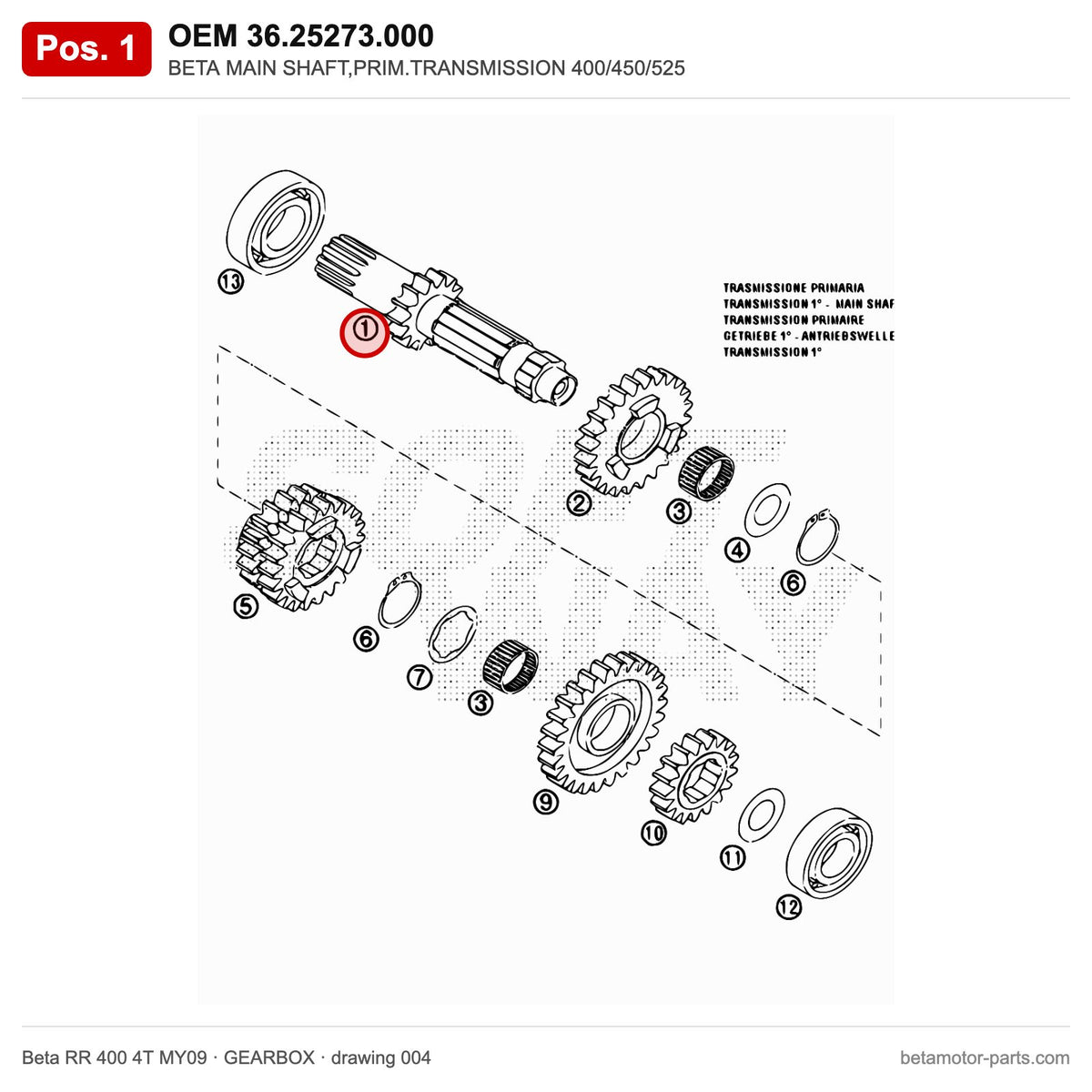 BETA MAIN SHAFT,PRIM.TRANSMISSION 400/450/525 – OEM 36.25273.000, position 1 on the Beta RR 400 4T MY09 gearbox drawing