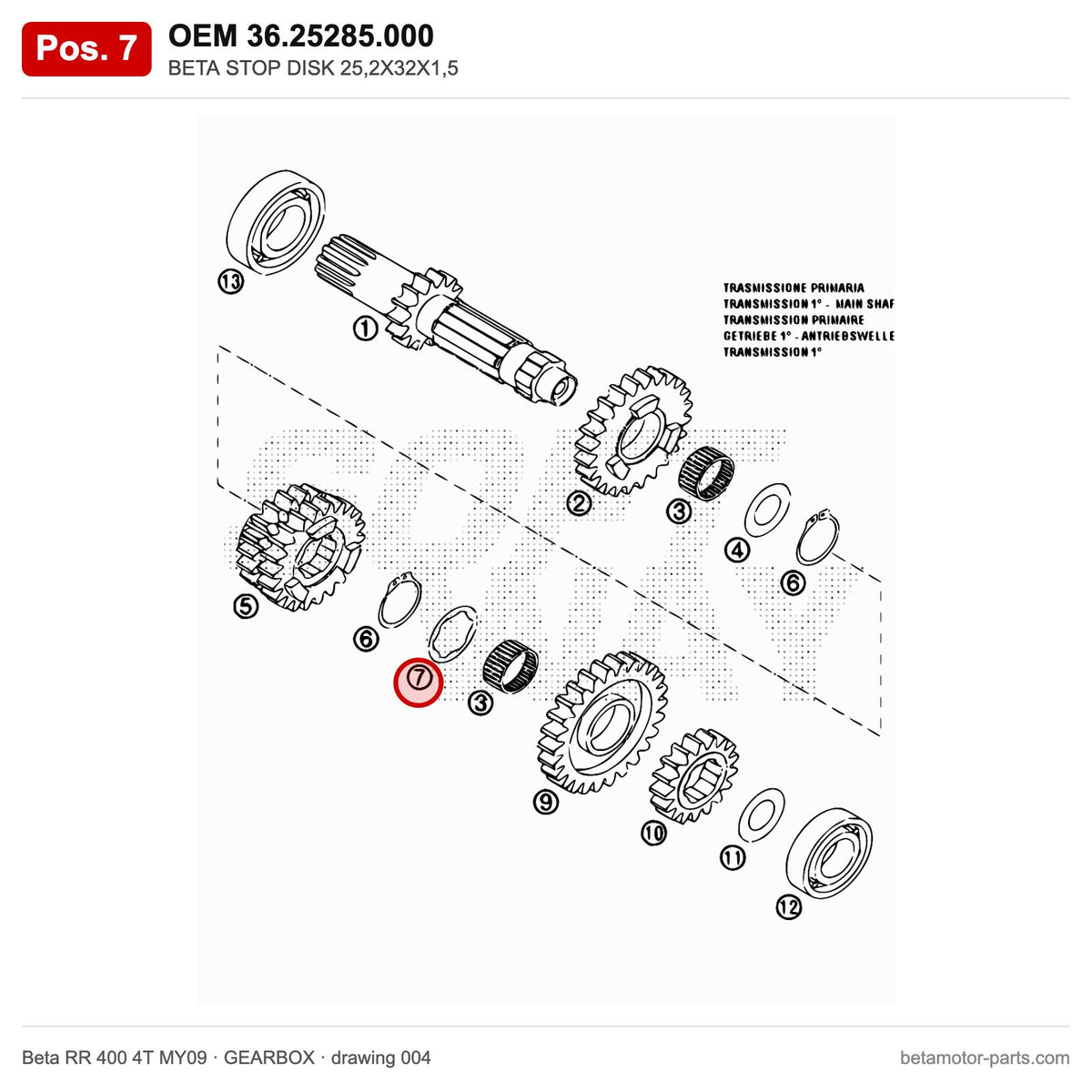 BETA STOP DISK 25,2X32X1,5 – OEM 36.25285.000, position 7 on the Beta RR 400 4T MY09 gearbox drawing