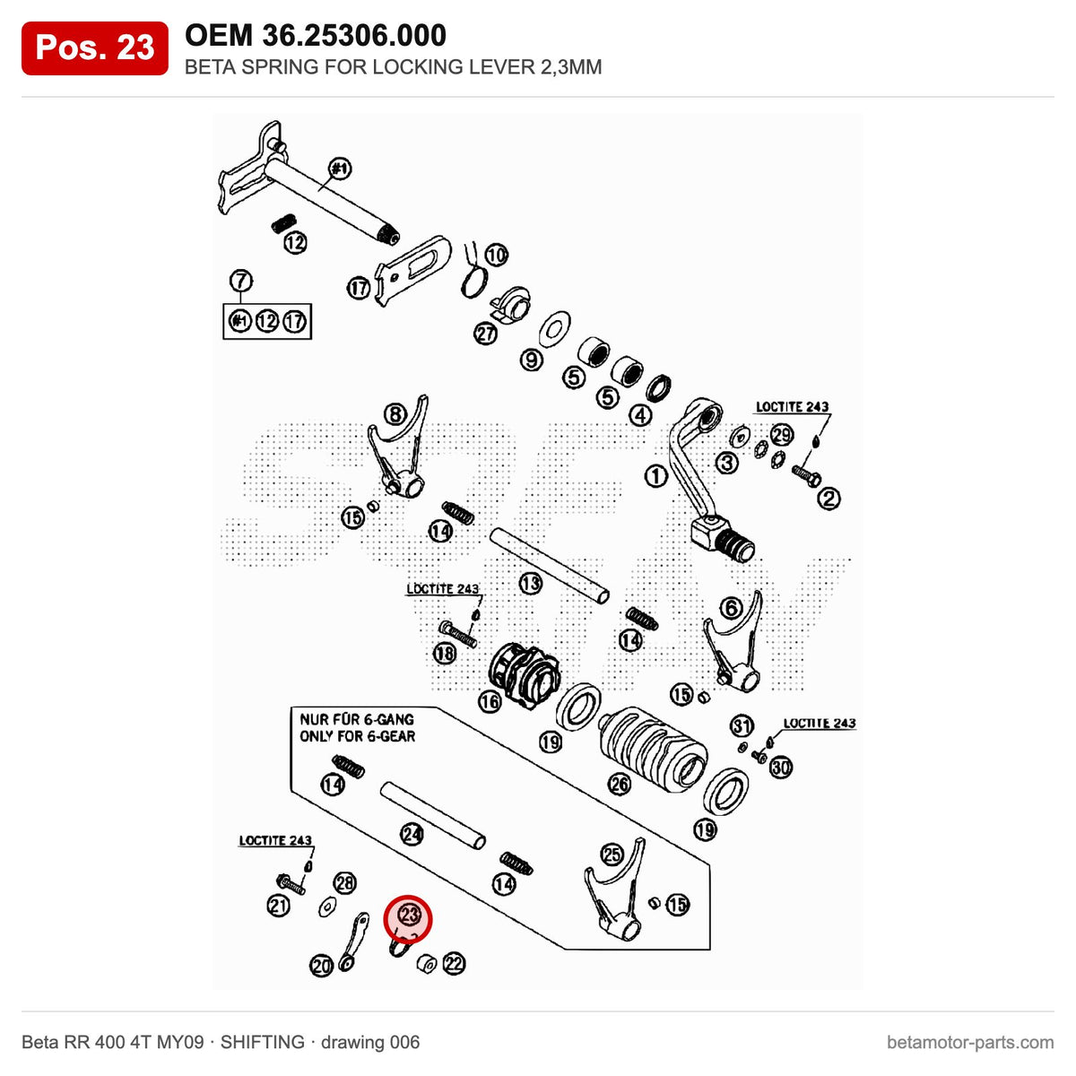 BETA SPRING FOR LOCKING LEVER 2,3MM – OEM 36.25306.000, position 23 on the Beta RR 400 4T MY09 shifting drawing