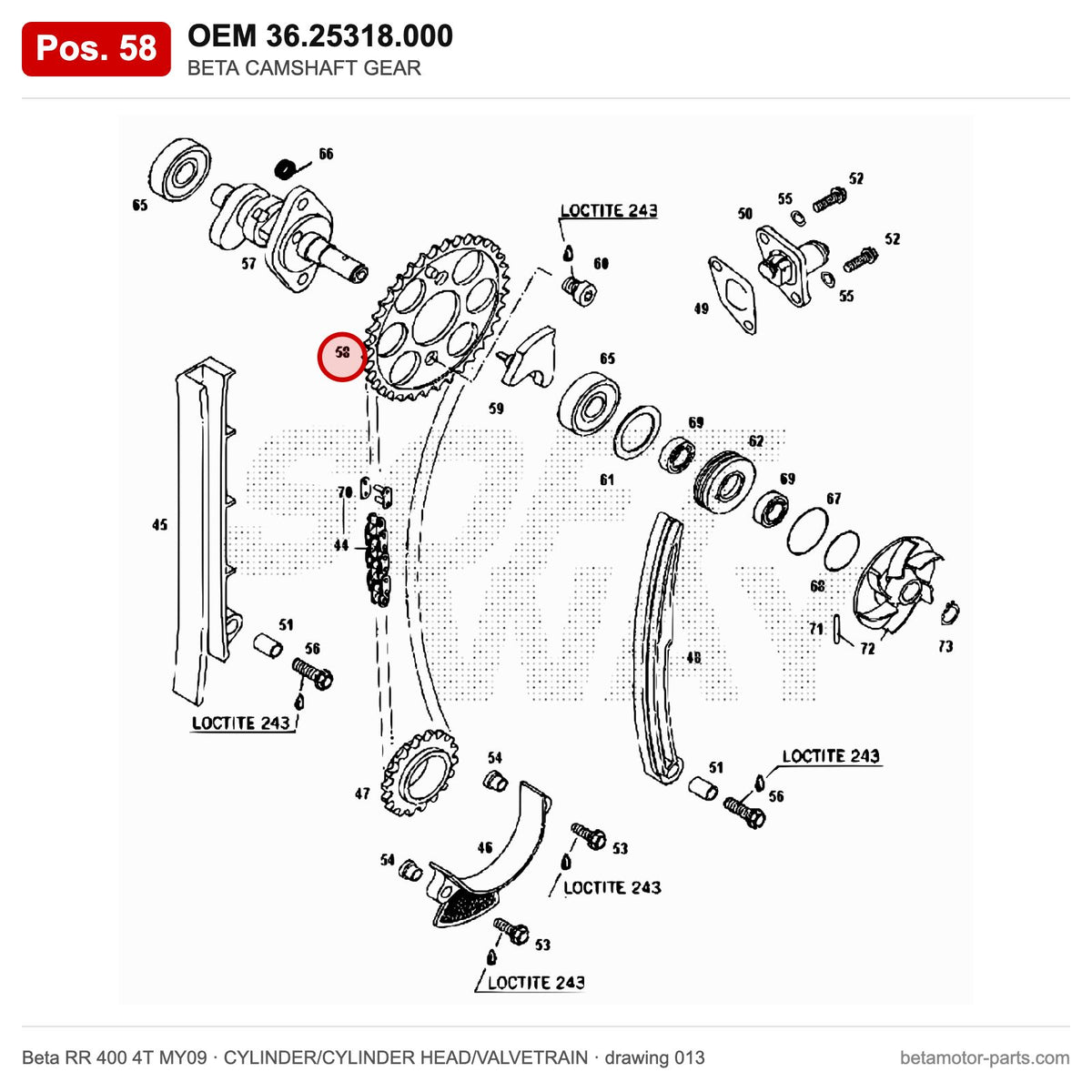 BETA CAMSHAFT GEAR – OEM 36.25318.000, position 58 on the Beta RR 400 4T MY09 cylinder/cylinder head/valvetrain drawing