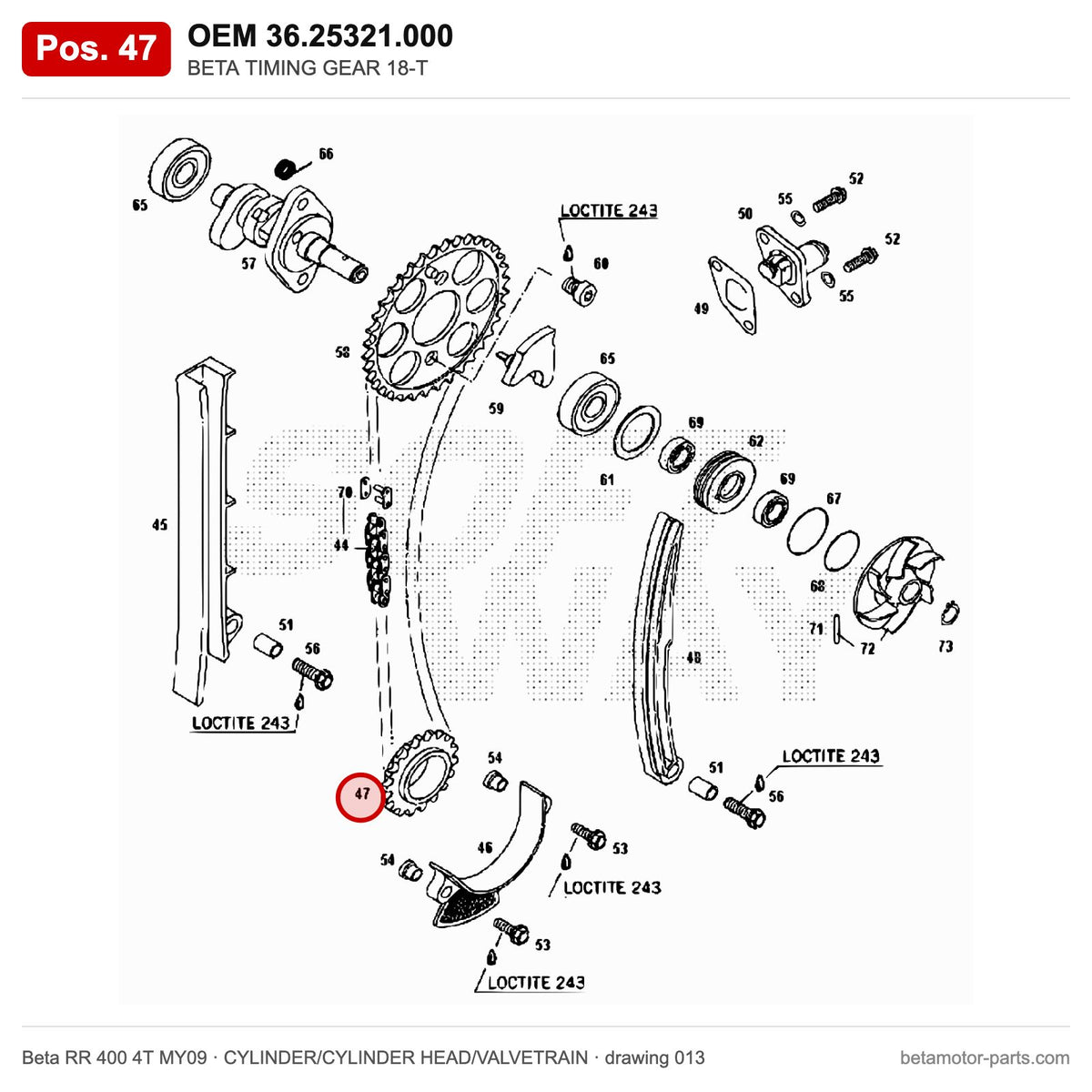 BETA TIMING GEAR 18-T – OEM 36.25321.000, position 47 on the Beta RR 400 4T MY09 cylinder/cylinder head/valvetrain drawing