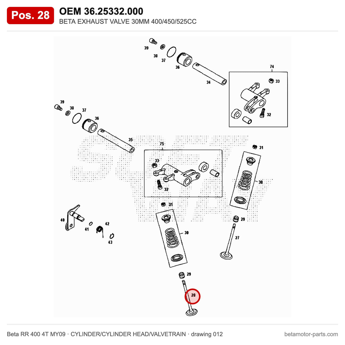 BETA EXHAUST VALVE 30MM 400/450/525CC – OEM 36.25332.000, position 28 on the Beta RR 400 4T MY09 cylinder/cylinder head/valvetrain drawing