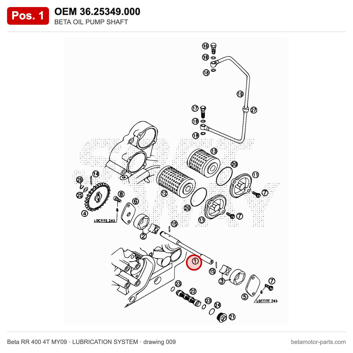 BETA OIL PUMP SHAFT – OEM 36.25349.000, position 1 on the Beta RR 400 4T MY09 lubrication system drawing