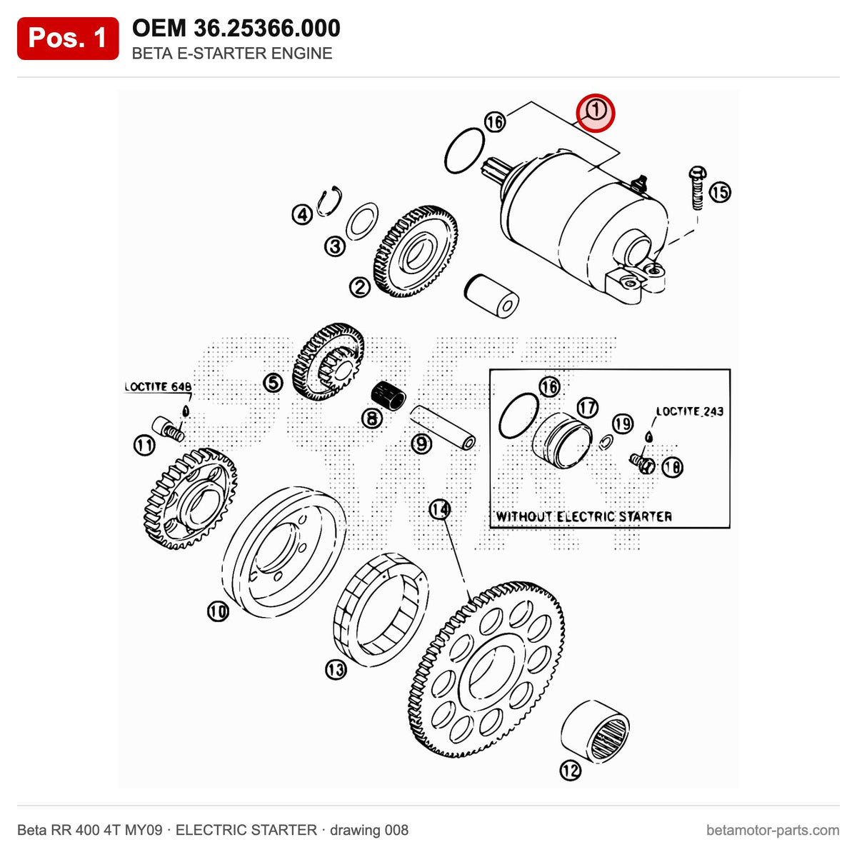 BETA E-STARTER ENGINE – OEM 36.25366.000, position 1 on the Beta RR 400 4T MY09 elettricstarter drawing