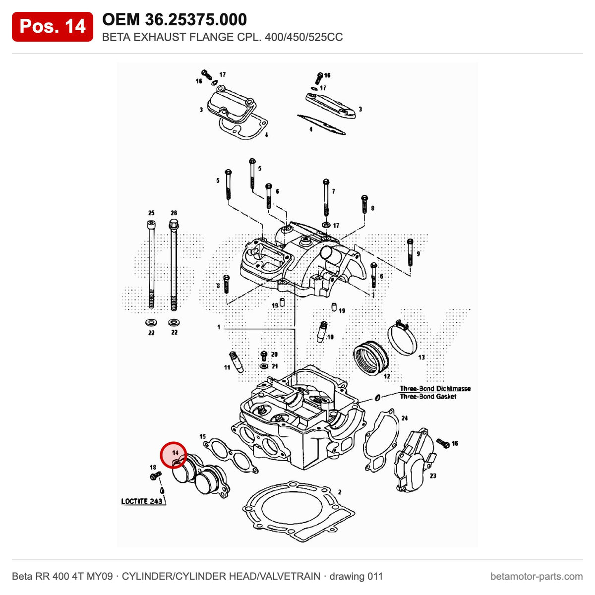 BETA EXHAUST FLANGE CPL. 400/450/525CC – OEM 36.25375.000, position 14 on the Beta RR 400 4T MY09 cylinder/cylinder head/valvetrain drawing