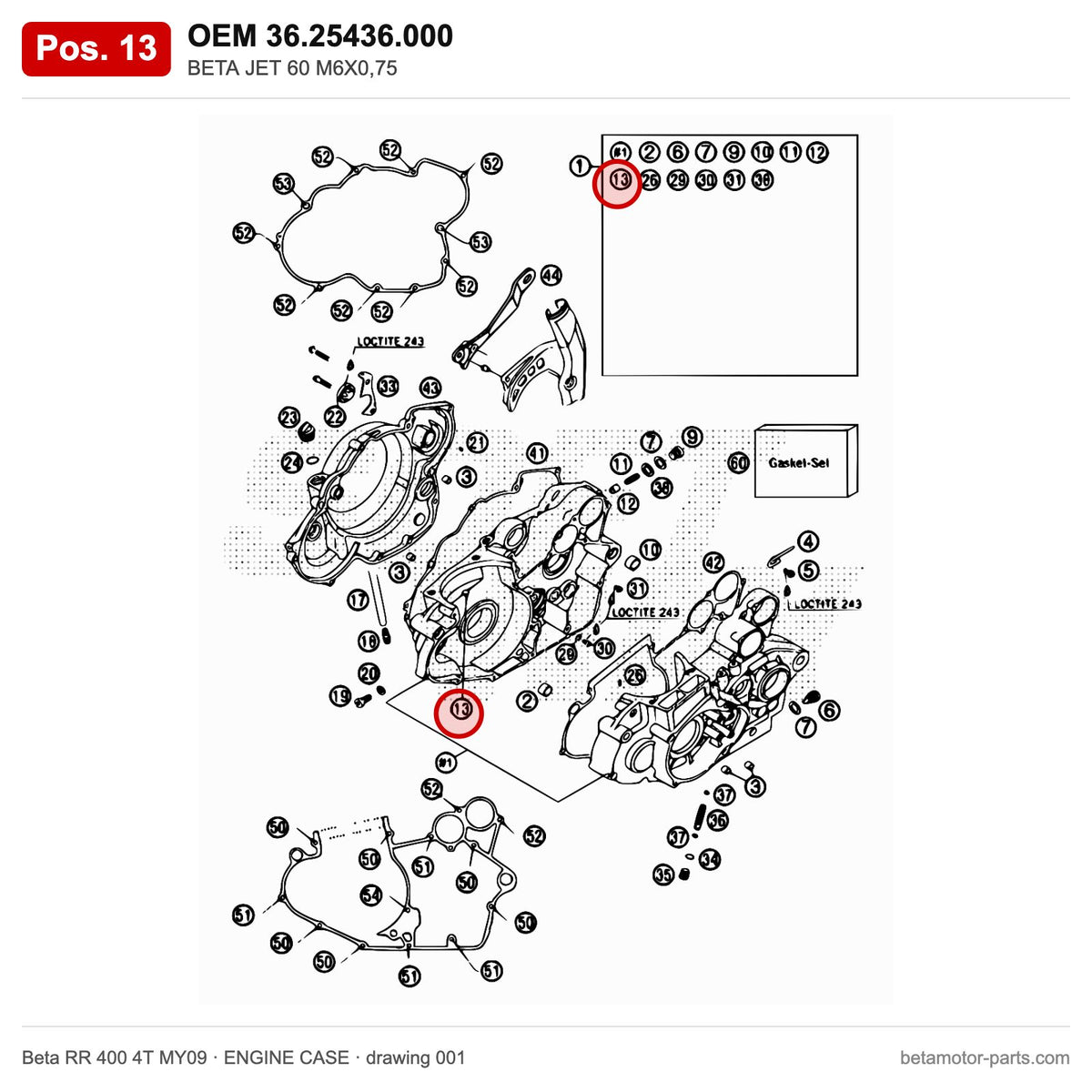 BETA JET 60 M6X0,75 – OEM 36.25436.000, position 13 on the Beta RR 400 4T MY09 engine case drawing