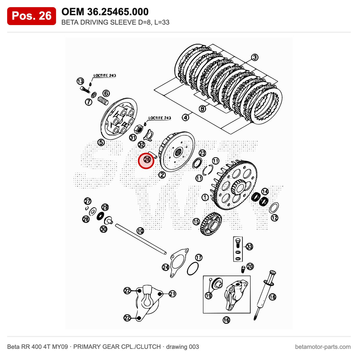 BETA DRIVING SLEEVE D=8, L=33 – OEM 36.25465.000, position 26 on the Beta RR 400 4T MY09 primary gear cpl./clutch drawing