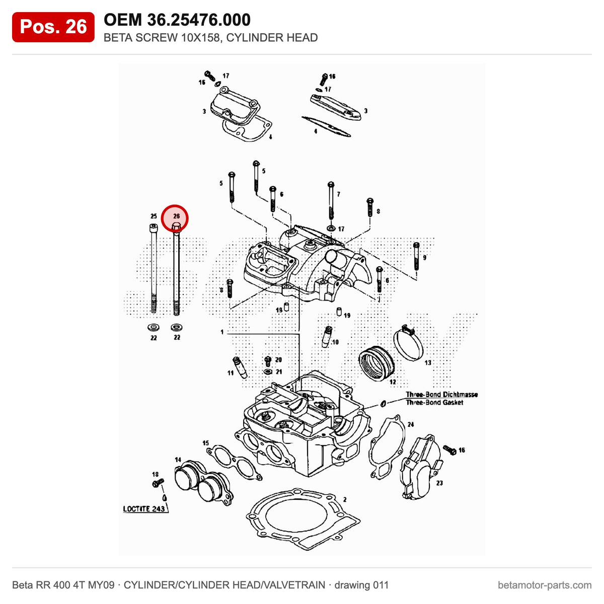 BETA SCREW 10X158, CYLINDER HEAD – OEM 36.25476.000, position 26 on the Beta RR 400 4T MY09 cylinder/cylinder head/valvetrain drawing