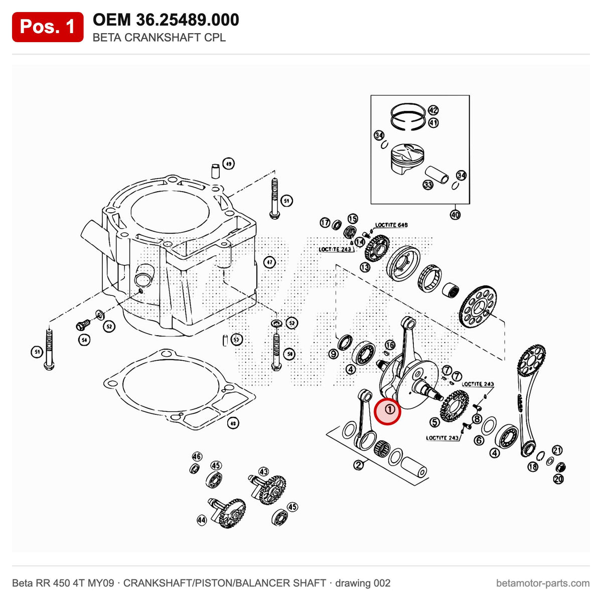 BETA CRANKSHAFT CPL – OEM 36.25489.000, position 1 on the Beta RR 450 4T MY09 crankshaft/piston/balancer shaft drawing
