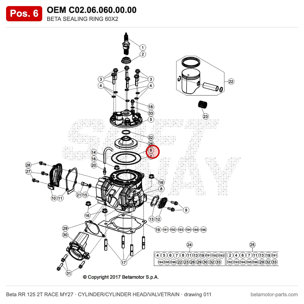BETA SEALING RING 60X2 – OEM C02.06.060.00.00, position 6 on the Beta RR 125 2T RACE MY27 cylinder/cylinder head/valvetrain drawing