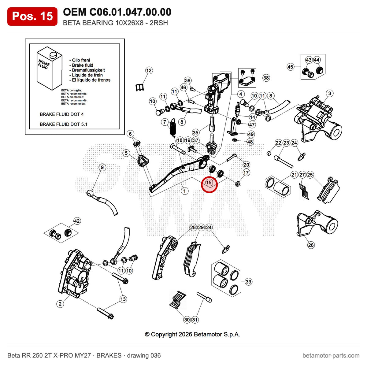 BETA BEARING 10X26X8 - 2RSH – OEM C06.01.047.00.00, position 15 on the Beta RR 250 2T X-PRO MY27 brakes drawing