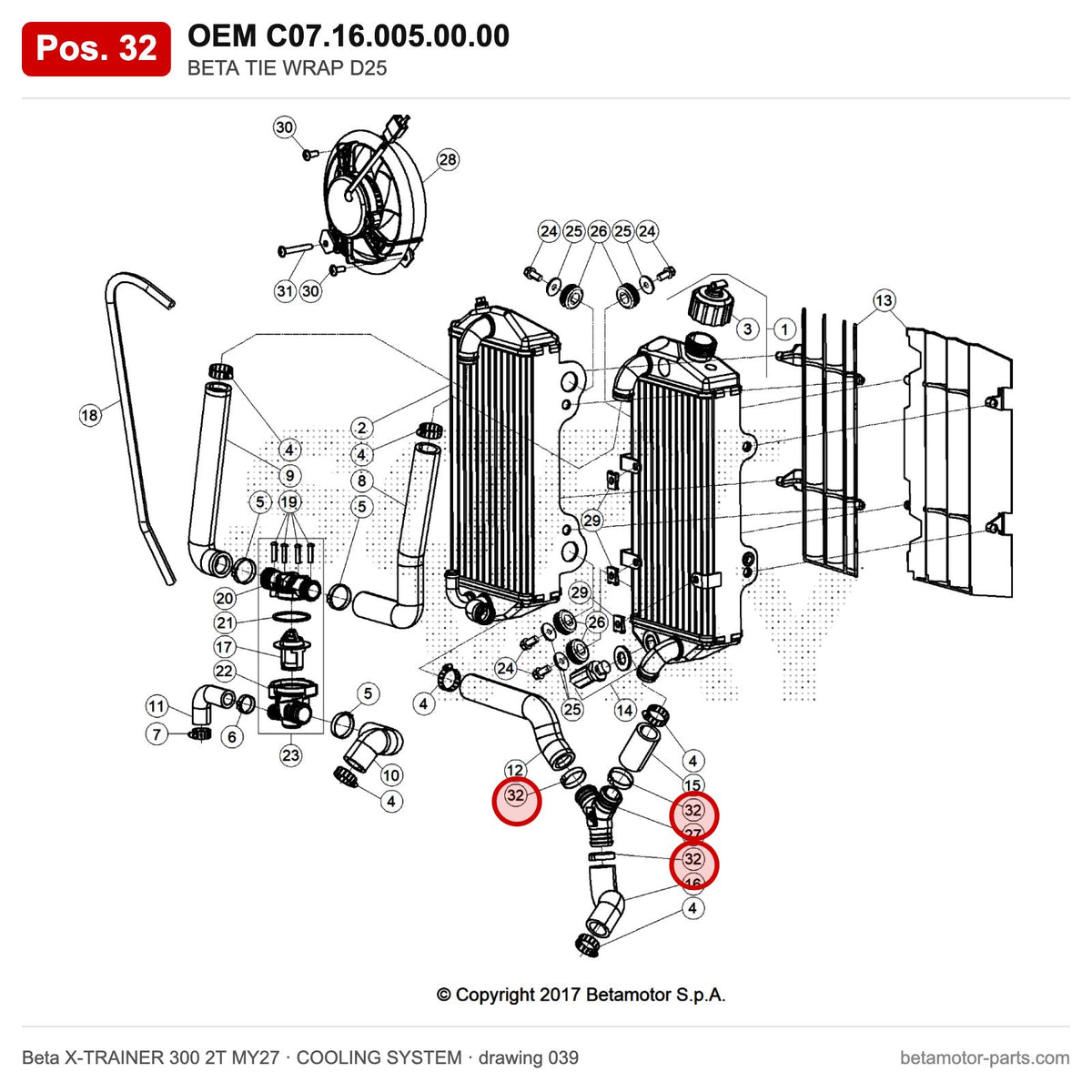 BETA TIE WRAP D25 – OEM C07.16.005.00.00, position 32 on the Beta X-TRAINER 300 2T MY27 cooling system drawing