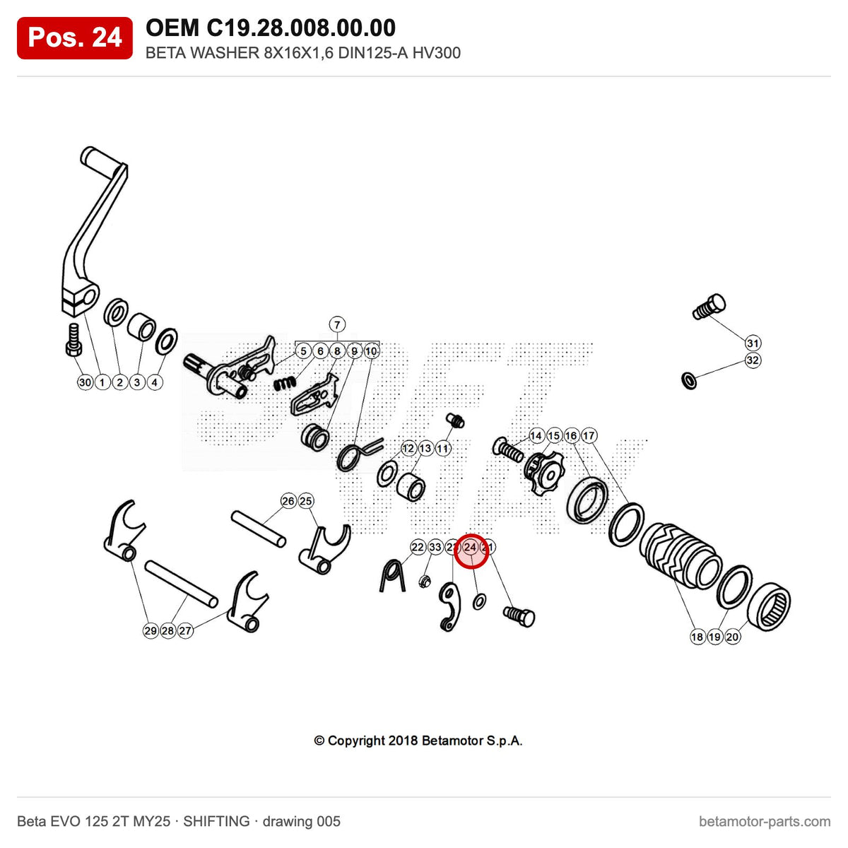 BETA WASHER 8X16X1,6 DIN125-A HV300 – OEM C19.28.008.00.00, position 24 on the Beta EVO 125 2T MY25 shifting drawing