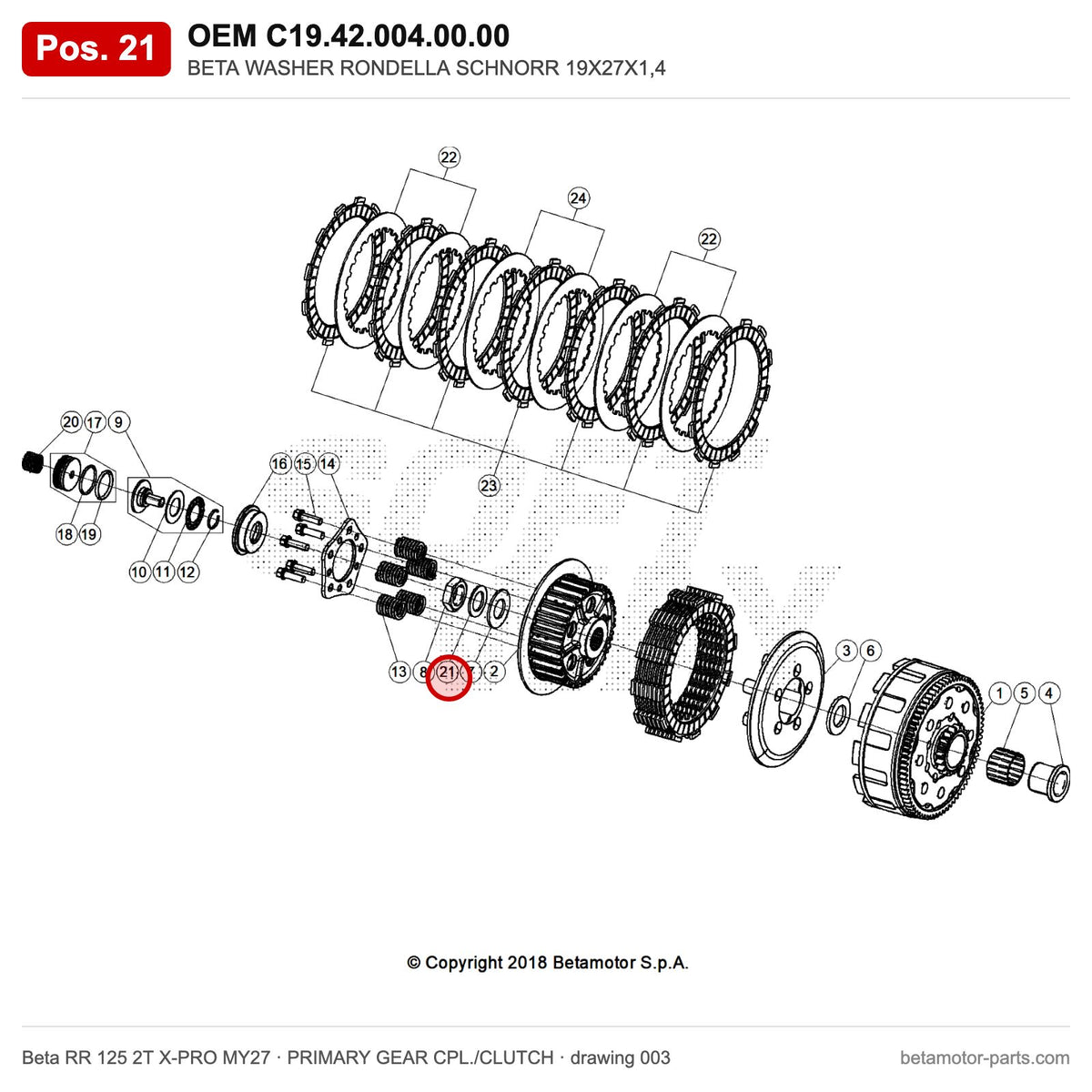 BETA WASHER RONDELLA SCHNORR 19X27X1,4 – OEM C19.42.004.00.00, position 21 on the Beta RR 125 2T X-PRO MY27 primary gear cpl./clutch drawing