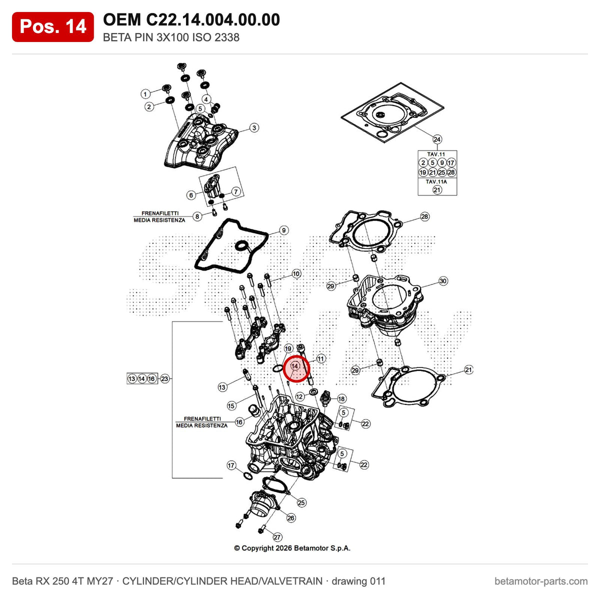 BETA PIN 3X100 ISO 2338 – OEM C22.14.004.00.00, position 14 on the Beta RX 250 4T MY27 cylinder/cylinder head/valvetrain drawing