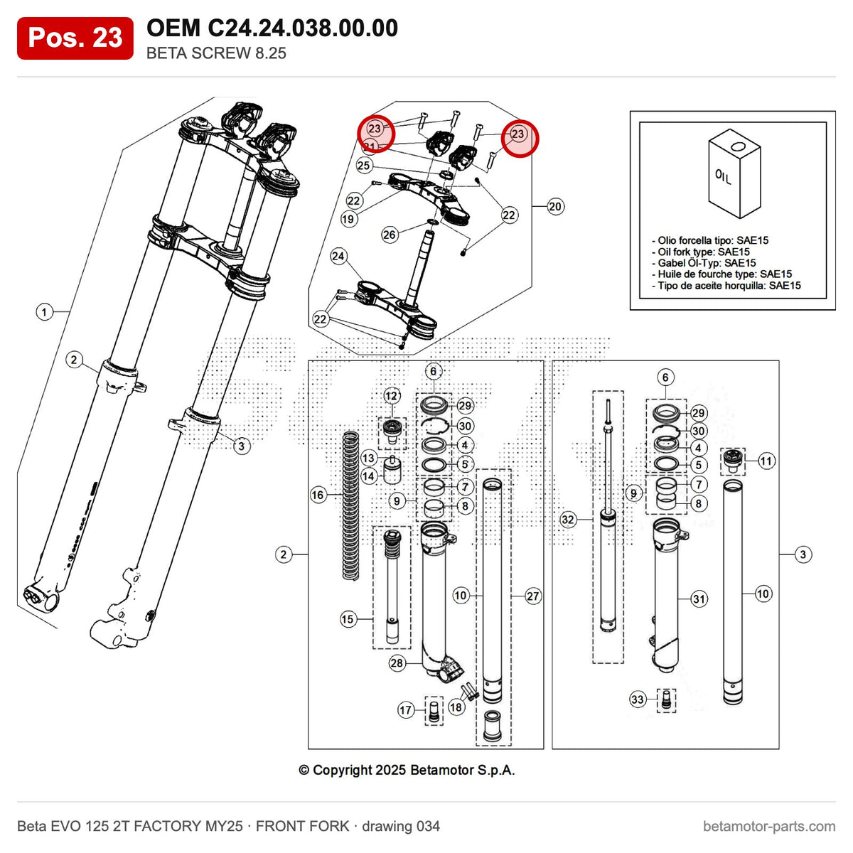 BETA SCREW 8.25 – OEM C24.24.038.00.00, position 23 on the Beta EVO 125 2T FACTORY MY25 front fork drawing