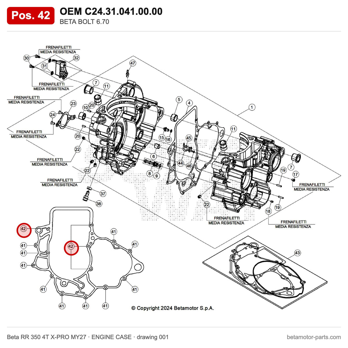 BETA BOLT 6.70 – OEM C24.31.041.00.00, position 42 on the Beta RR 350 4T X-PRO MY27 engine case drawing