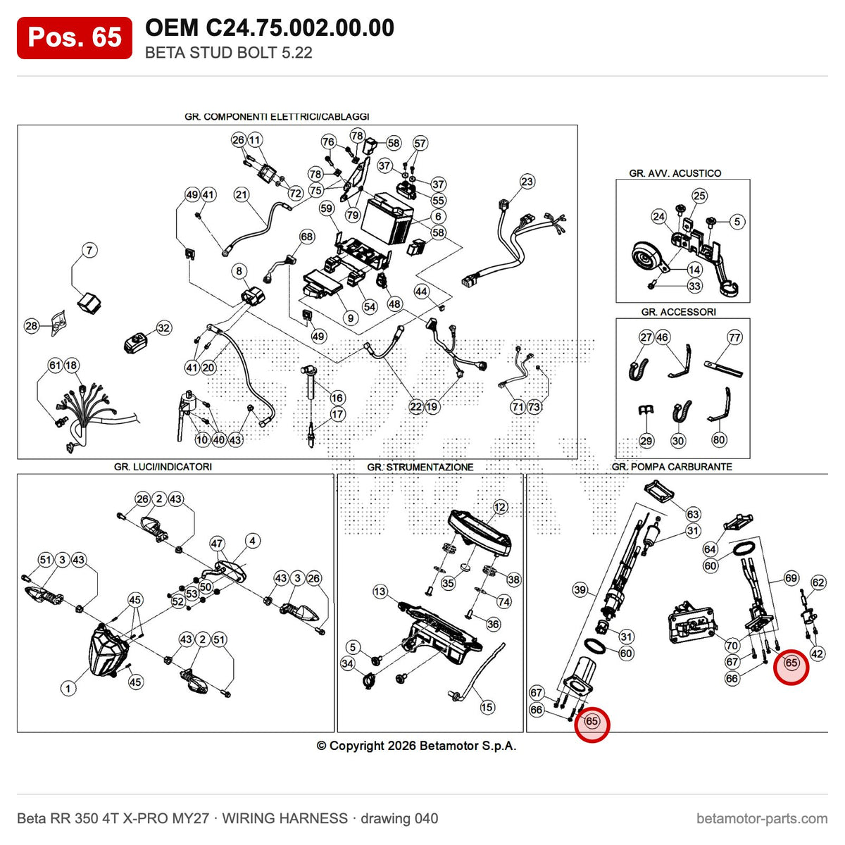BETA STUD BOLT 5.22 – OEM C24.75.002.00.00, position 65 on the Beta RR 350 4T X-PRO MY27 wiring harness drawing