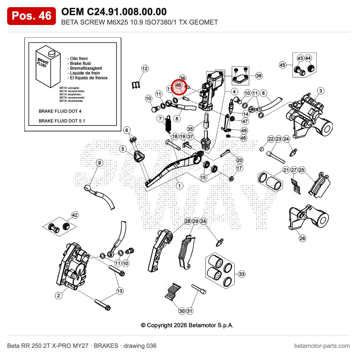 BETA SCREW M6X25 10.9 ISO7380/1 TX GEOMET – OEM C24.91.008.00.00, position 46 on the Beta RR 250 2T X-PRO MY27 brakes drawing